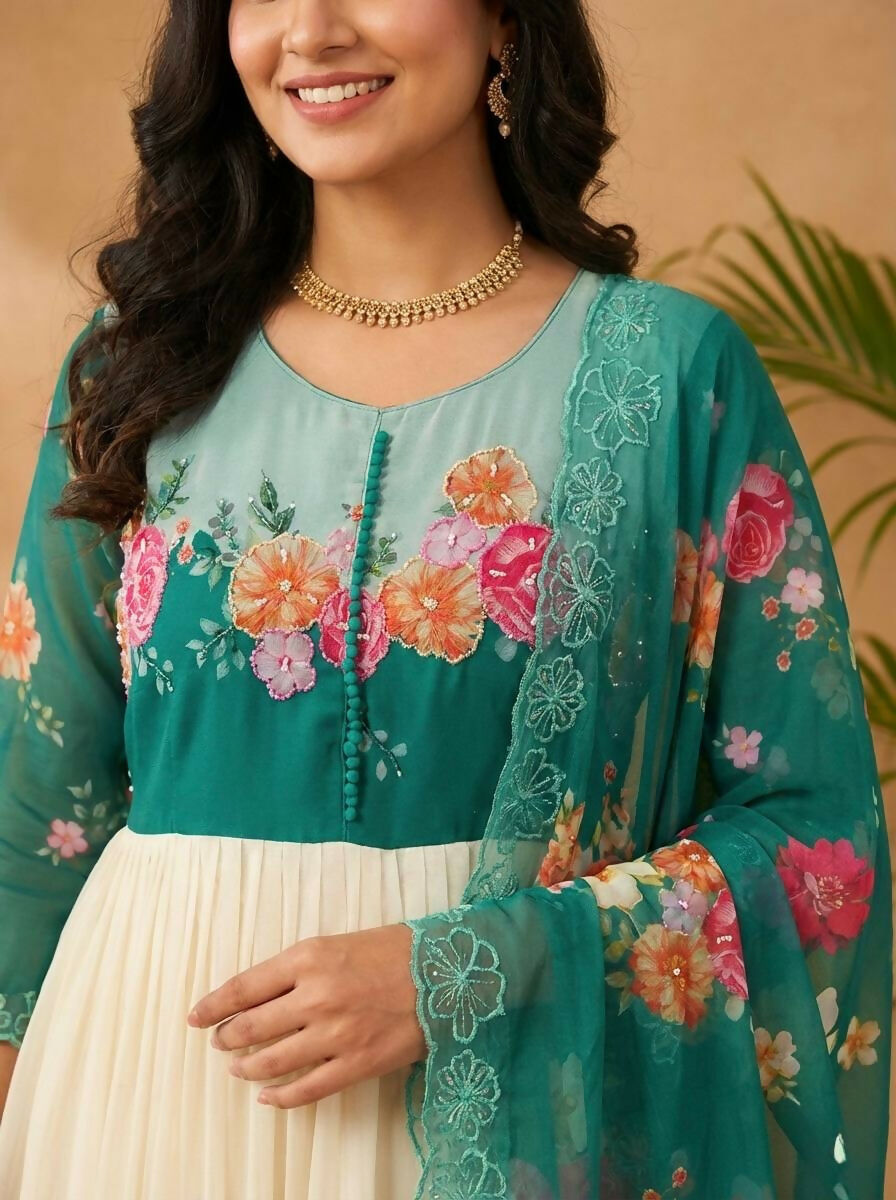 Teeya Creation Womens New Fancy Fox Georgette Heavy Quality Fabric With Handwork Teal Gown Set - Dista