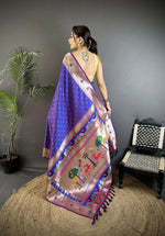 Thumbnail for Joban Fashion Purple Peacock & Floral Motifs Soft Lichi Silk Kanchipuram Saree - Distacart