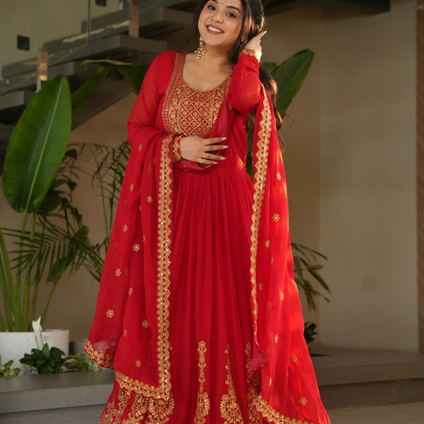 Joban Fashion Red Georgette Sequence Embroidery Work Kurta Set - Distacart
