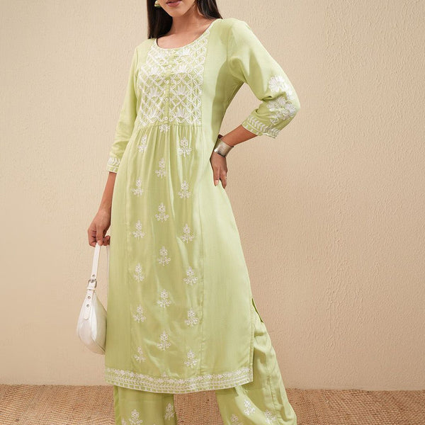 Vishudh Floral Embroidered A Line Kurta with Palazzos - Distacart