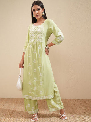 Vishudh Floral Embroidered A Line Kurta with Palazzos - Distacart