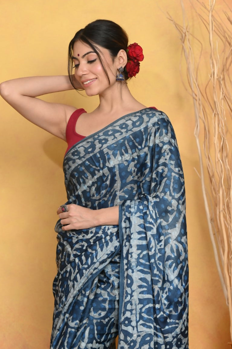 Very Much Indian Modal Silk Ajrakh Handblock Printed Natural Dyes Sleek Border Saree - Powder Blue - Distacart