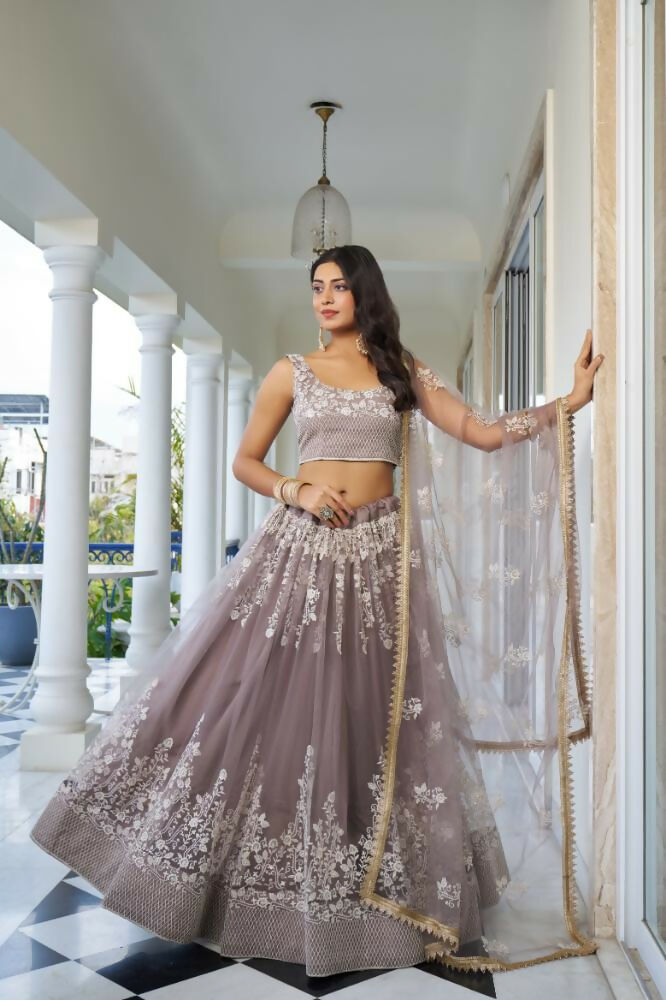Aastha Fashion Light Dusty Brown Butterfly Net White Cotton Thread Work And Sequence Work Embroidery Wedding Wear Lehenga Choli - Distacart