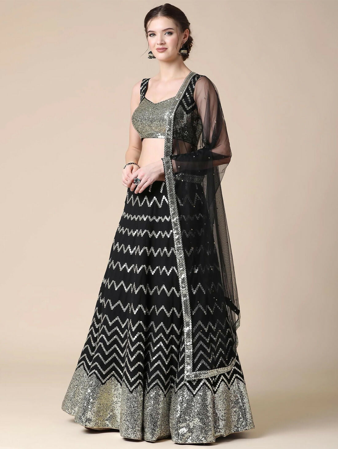 Jyoti Fashion Black Sequence with Thread Zari Embroidery Georgette Lehenga Choli with Dupatta - Distacart