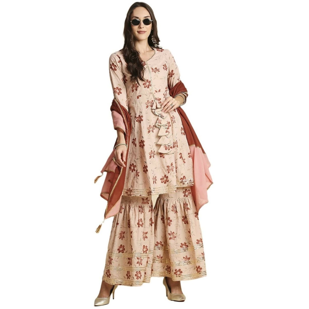 Anubhutee Women's Peach Kurta Sharara with Dupatta Set - Distacart