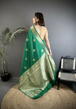 Thumbnail for Joban Fashion Green Floral Jacquard Woven Design Cotton Silk Banarasi Silk Saree - Distacart