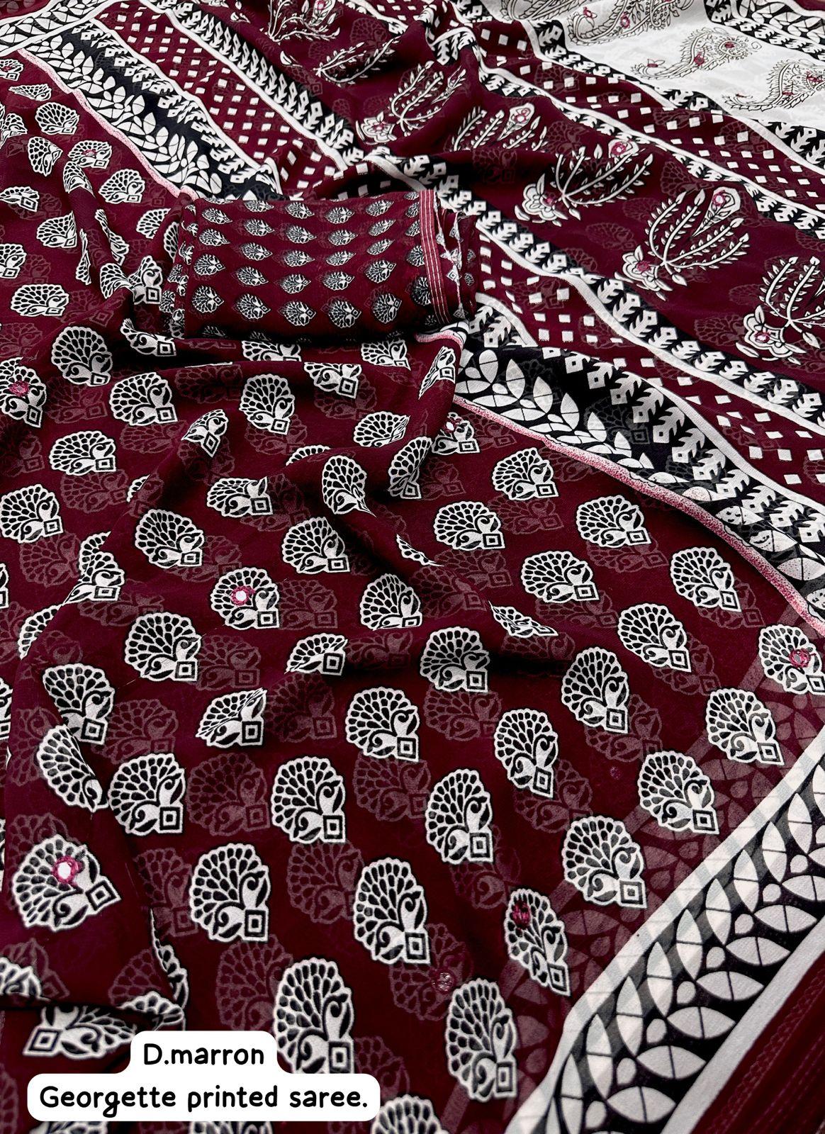 Maroon Poly Georgette Ajrak Saree with Unstitched Blouse - Hiral Fashion - Distacart