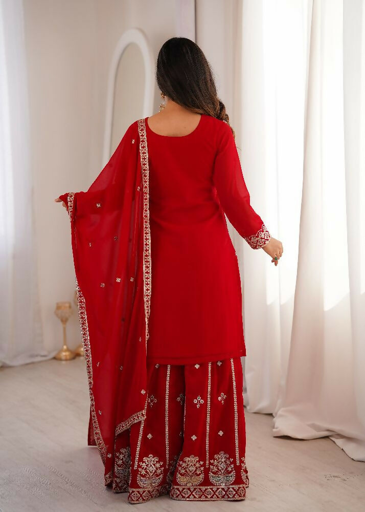 Teeya Creation Red Color Faux Georgette Heavy Embroidery Work Functional Wear Palazzo Set - Distacart