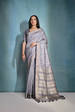 Vishnu Weaves Women's Grey Raw Silk Zari Woven Saree with Blouse - Distacart