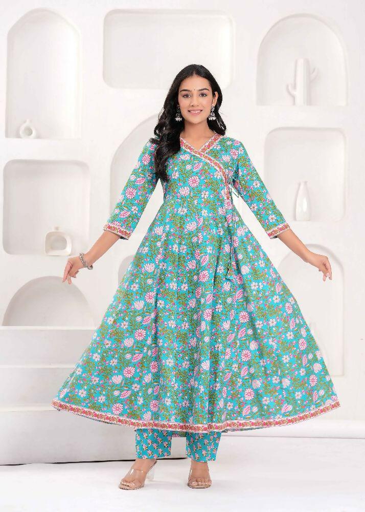Jaimini Women Cotton Printed V-Neck 3/4 Sleeves Calf Length Angrakha Kurta Pant And Dupatta Set - Dista