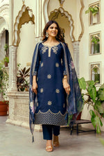 Thumbnail for The52 Navy Blue Women's Beautiful Viscose Chanderi Fabric Thread Work Straight Kurta Pant and Dupatta Set - Distacart