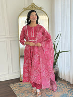 Thumbnail for The52 Women's Beautiful Rayon Fabric Printed Work Flared Kurta Pant and Dupatta Set - Distacart