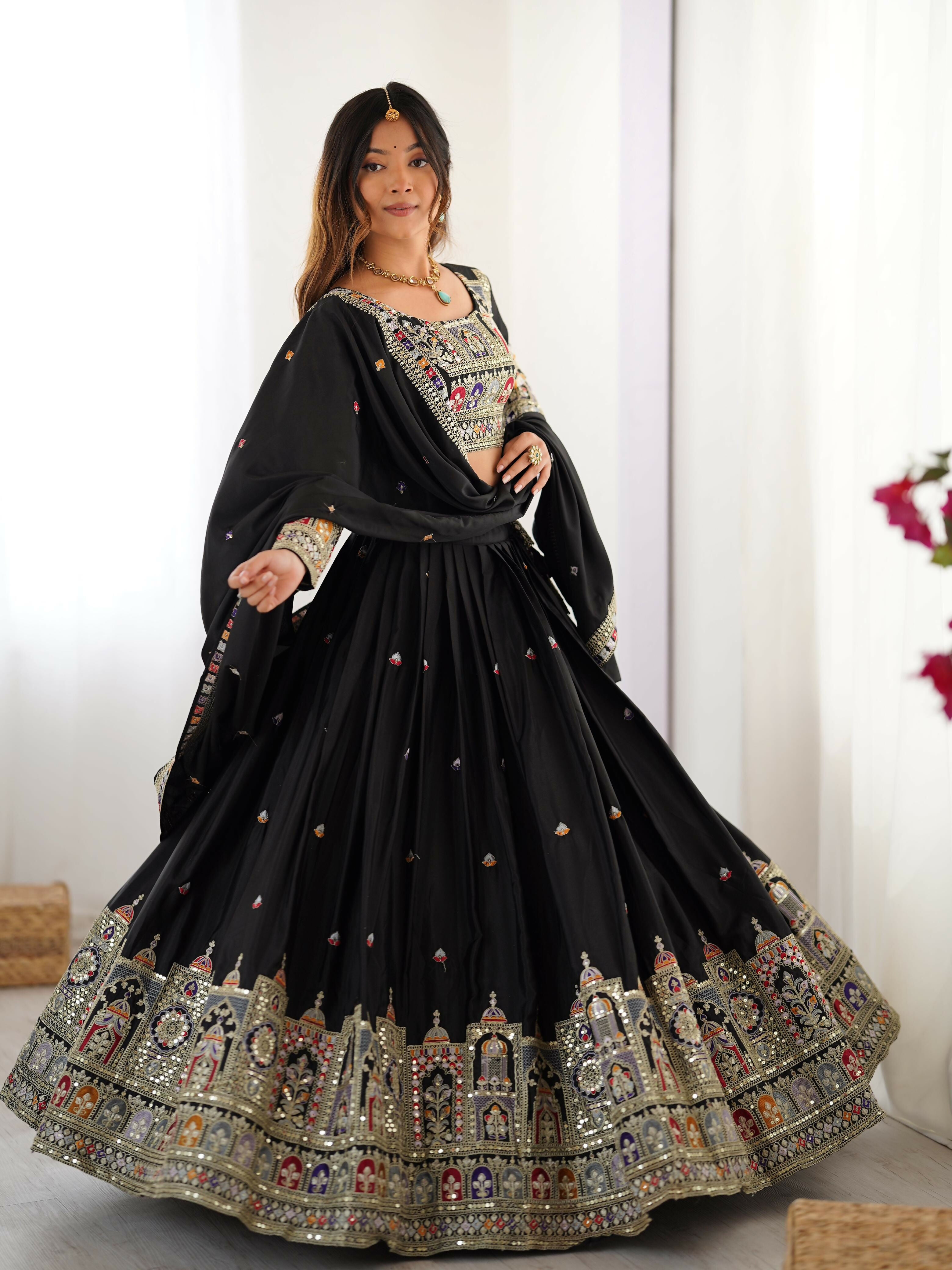 Joban Fashion Black Lehenga Crepe silk Coding Dori with Sequence with Rivet Moti