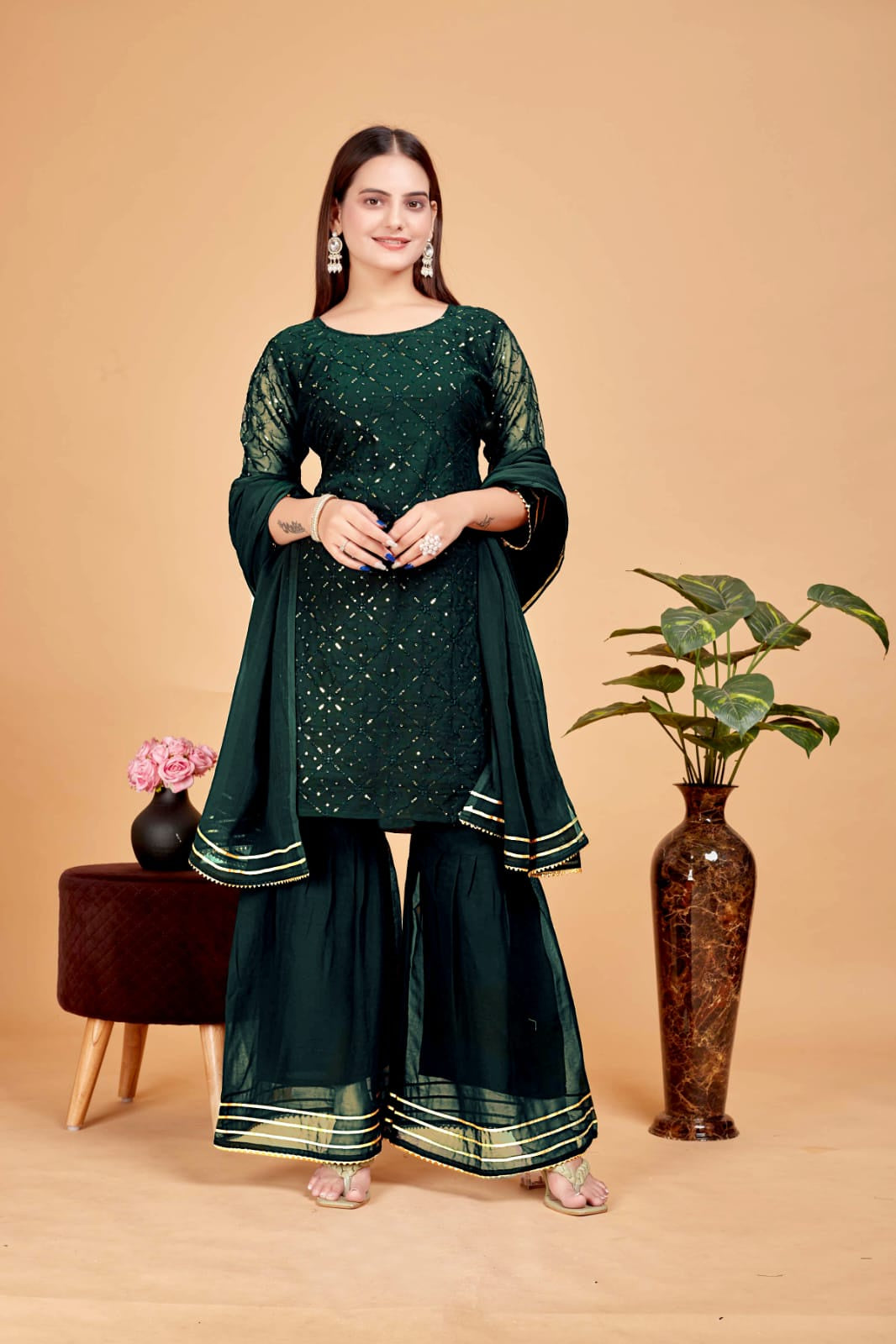 Women's A-Line Green Kurta and Sharara With Dupatta Set - A2M - Distacart