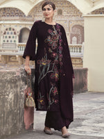 Thumbnail for Jyoti Fashion Women's Wine Velvet Resham Thread with Jari & Sequin Kurta with Trouser & Dupatta - Distacart