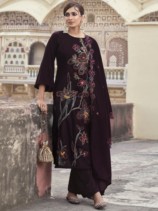 Jyoti Fashion Women's Wine Velvet Resham Thread with Jari & Sequin Kurta with Trouser & Dupatta - Distacart