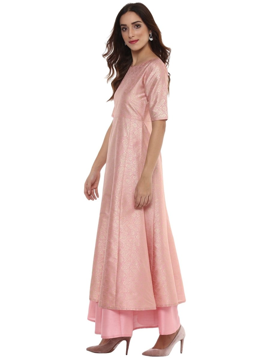 Ahalyaa Women's Pink Poly Silk Gold Foil Print Kurta