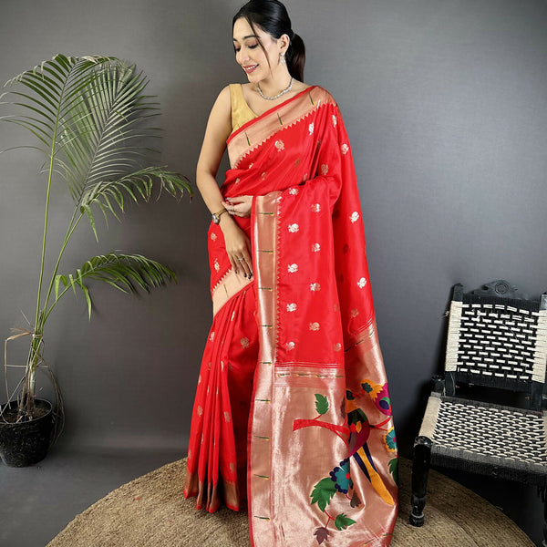 Joban Fashion Red Peacock & Floral Motifs Soft Silk Kanchipuram Saree - Distacart