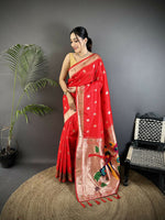 Thumbnail for Joban Fashion Red Peacock & Floral Motifs Soft Silk Kanchipuram Saree - Distacart