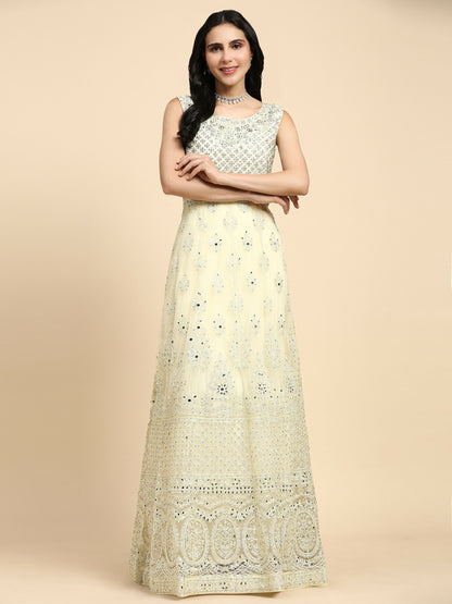 Yellow Net Hand Embroidered Gown - Rudrani - Distacart