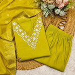 Thumbnail for Preksha Creation Indian Festival Roman Silk Women Yellow Suit Set With Hand Embroidery And Zari Weaving - Distacart