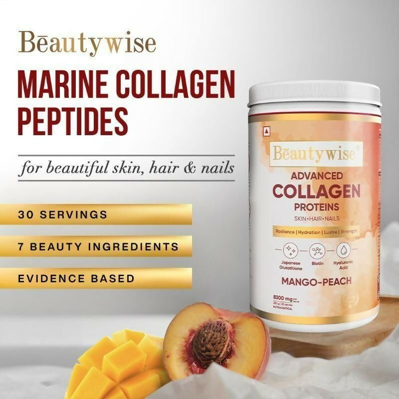 Beautywise Advanced Marine Collagen Anti-Aging Powder - Glutathione, HA & Biotin - Mango-Peach - Distacart