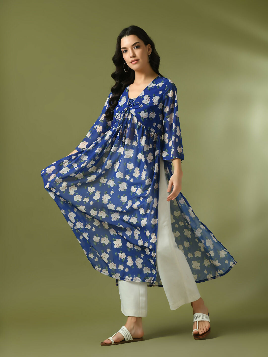 Myshka Women's Blue Printed Georgette A-Line Nyra-cut Kurta - Distacart
