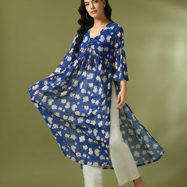 Myshka Women's Blue Printed Georgette A-Line Nyra-cut Kurta - Distacart