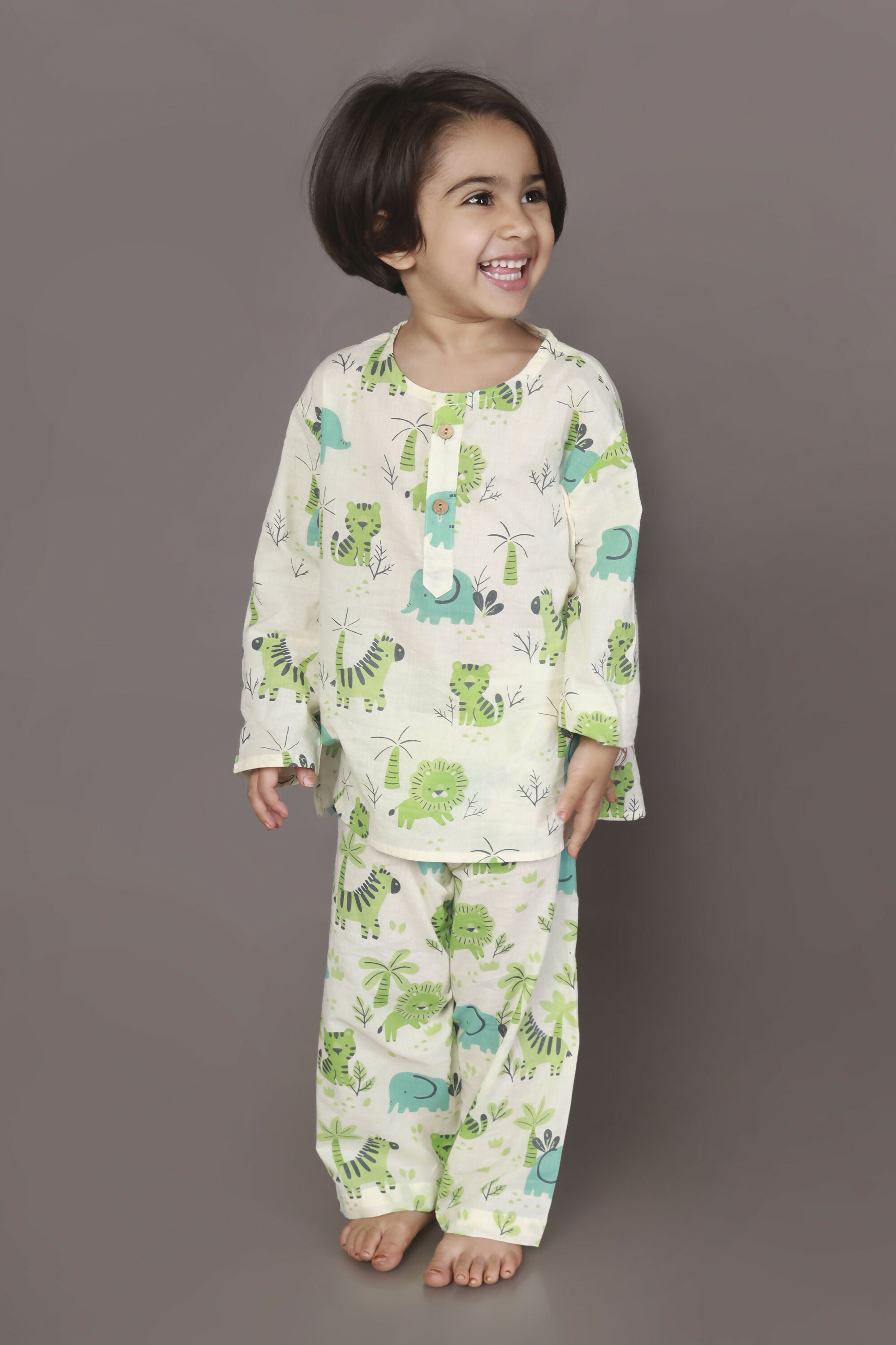 Breathables White Blue-Green Animal Cotton Nightsuit | Boys & Girls Kids - Dista