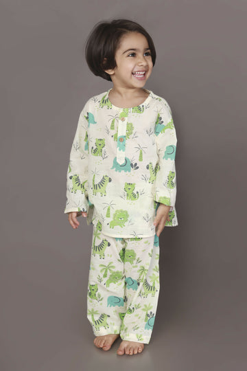 Breathables White Blue-Green Animal Cotton Nightsuit | Boys & Girls Kids - Dista