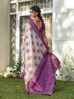Thumbnail for Shree Shyam Fashion Cream With Purple Silk Blend Saree - Distacart