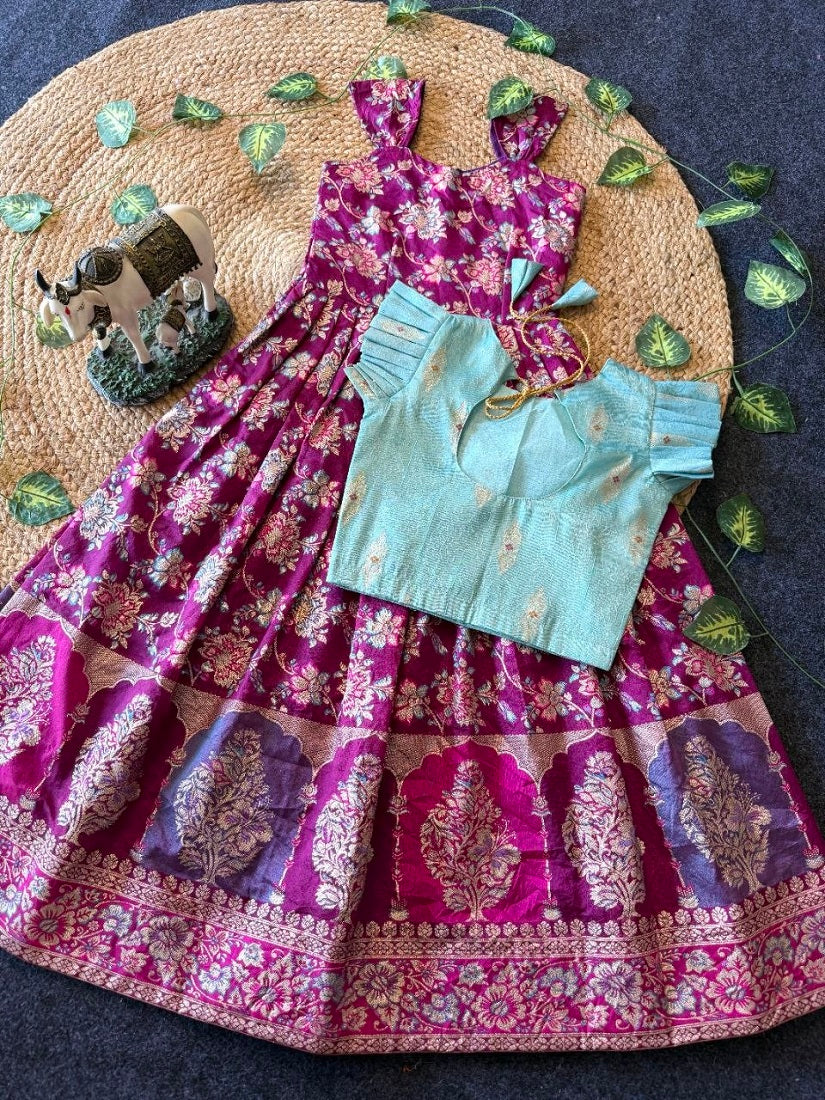 Evanik Festive Wear Magenta Dola Silk zari and thread weaving Gown With Skyblue Koti - Dista