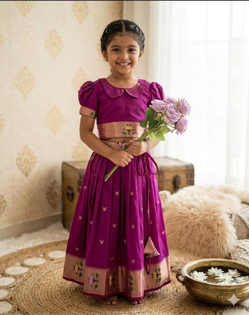 Evanik Pink Soft Silk Paithani Design Zari Weaving Pavadai Lehenga Choli For Kids - Dista