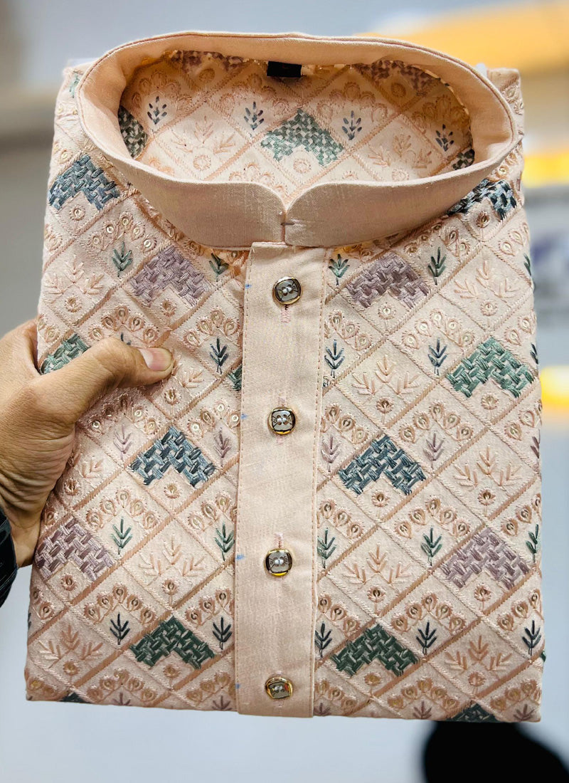 Prazu Fashion Cream Italian Silk Embroidered Kurta With Pajama