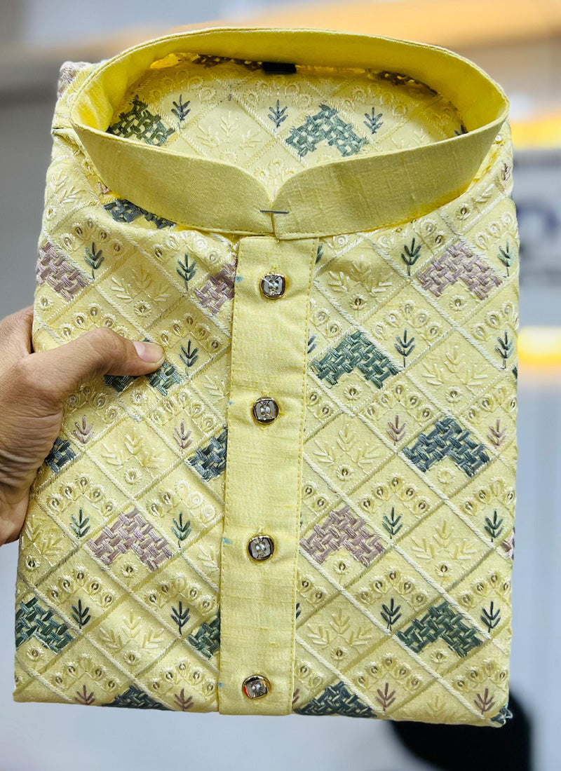 Prazu Fashion Yellow Italian Silk Embroidered Kurta With Pajama
