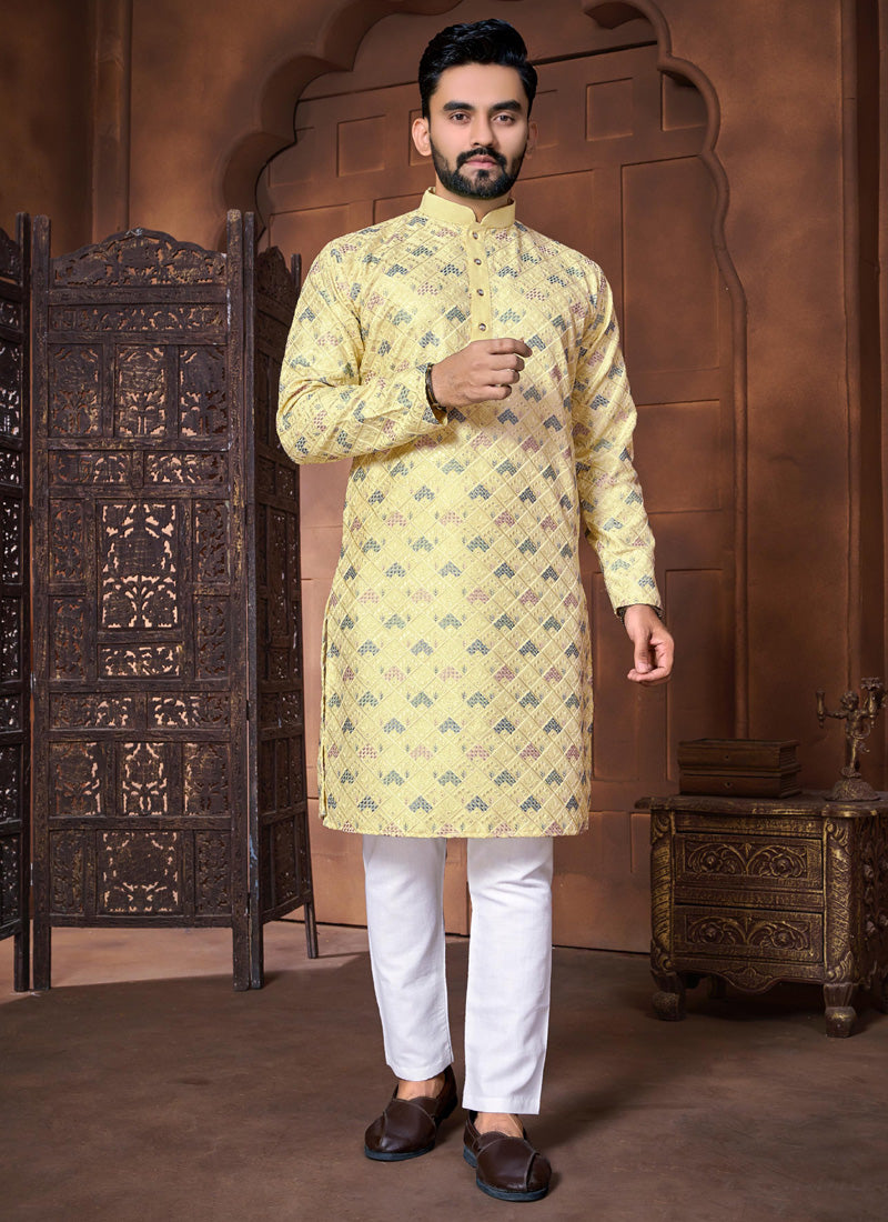 Prazu Fashion Yellow Italian Silk Embroidered Kurta With Pajama