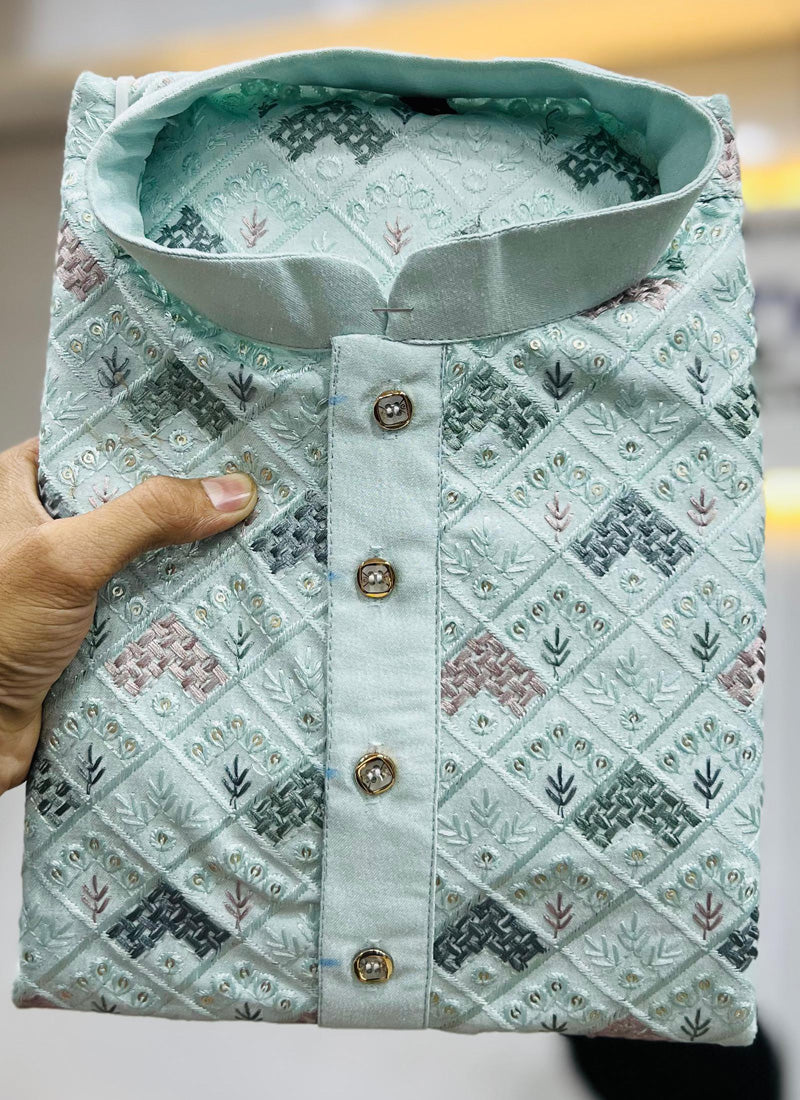 Prazu Fashion Sky Blue Italian Silk Embroidered Kurta With Pajama