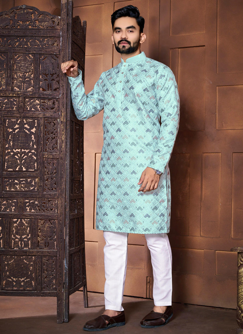 Prazu Fashion Sky Blue Italian Silk Embroidered Kurta With Pajama