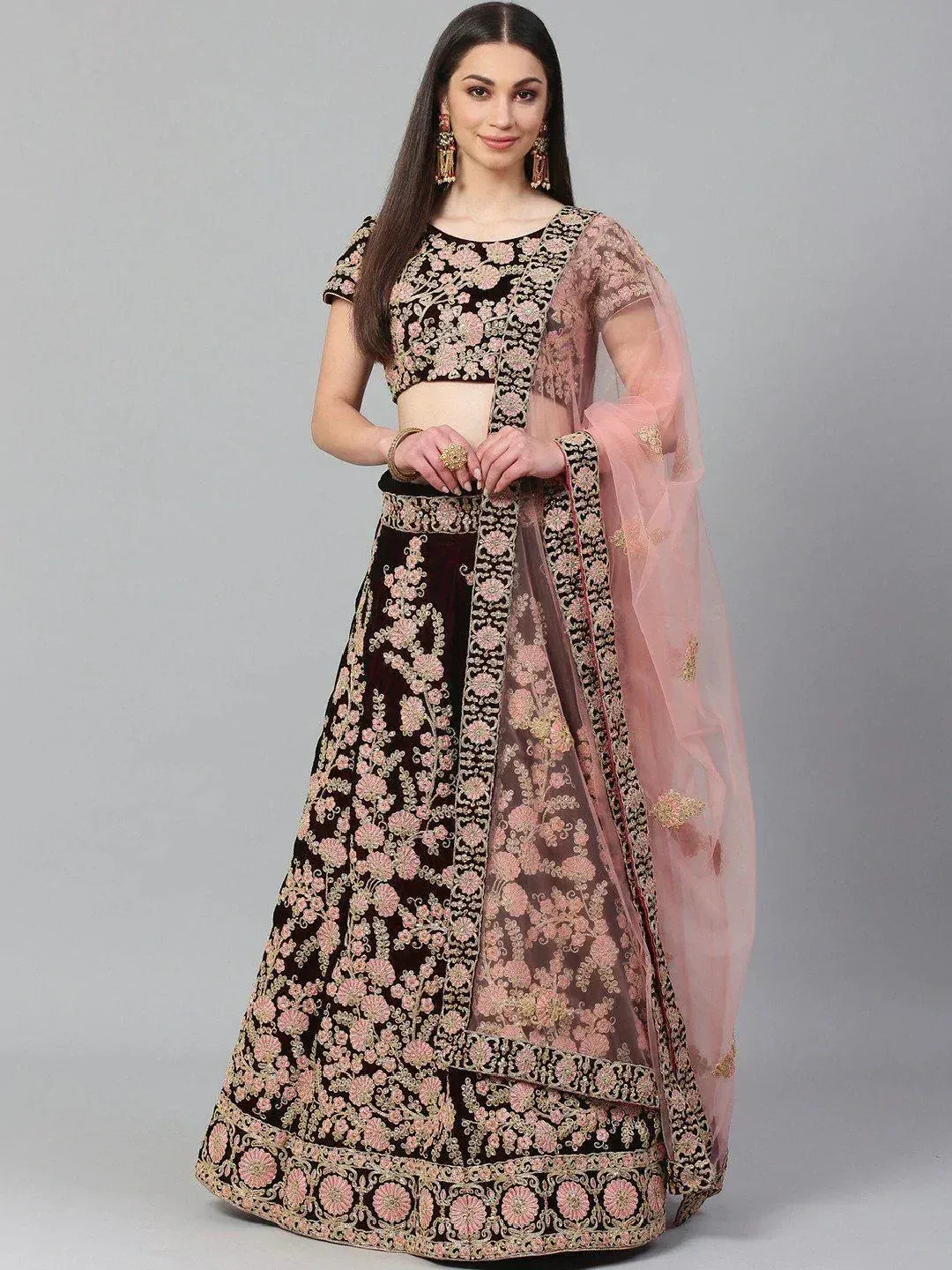 Tulsi Art Maroon & Peach-Coloured Embroidered Semi-Stitched Myntra Lehenga & Unstitched Blouse With Dupatta - Dista