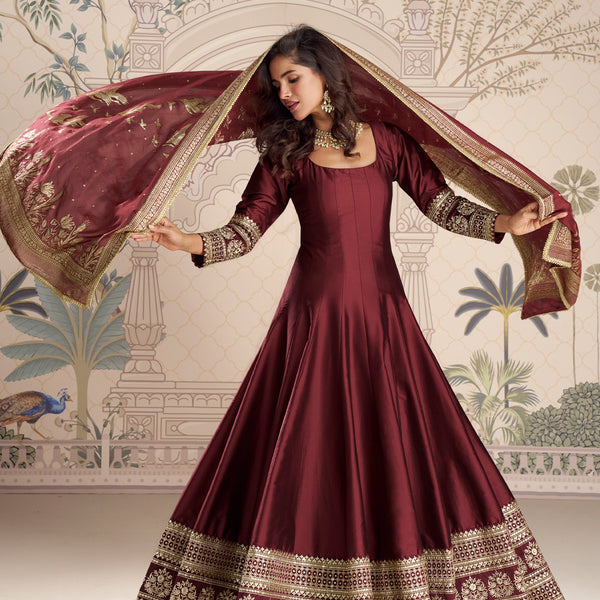 Evanik Women Maroon Embroidered Design Wedding Gown with Dupatta - Distacart