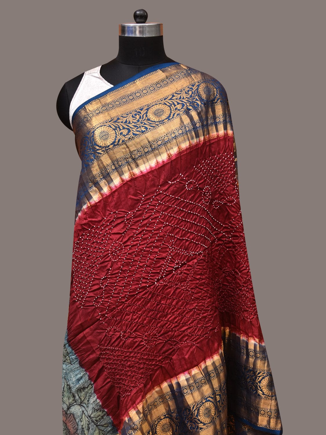 Maroon and Blue Bandhani Kanchipuram Silk Handloom Dupatta with Kalamkari Design - Global Threads - Distacart