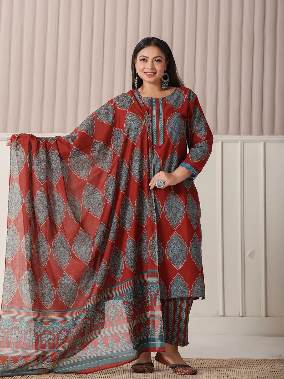 Yufta Maroon Block Print Cotton Lace Work Plus Size Kurta Set With Pant & Dupatta