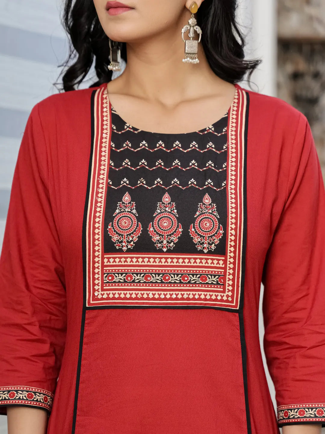 Yufta Maroon Cotton A Line Kurta Dupatta Set