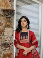 Thumbnail for Yufta Maroon Cotton A Line Kurta Dupatta Set