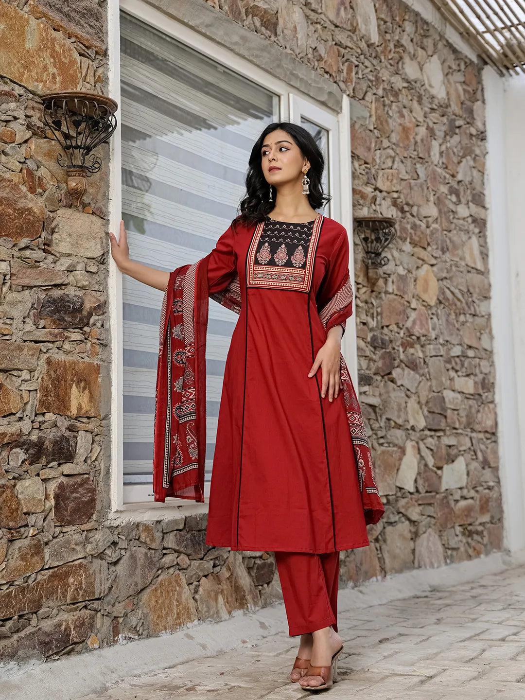 Yufta Maroon Cotton A Line Kurta Dupatta Set