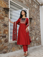 Thumbnail for Yufta Maroon Cotton A Line Kurta Dupatta Set