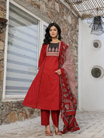 Thumbnail for Yufta Maroon Cotton A Line Kurta Dupatta Set