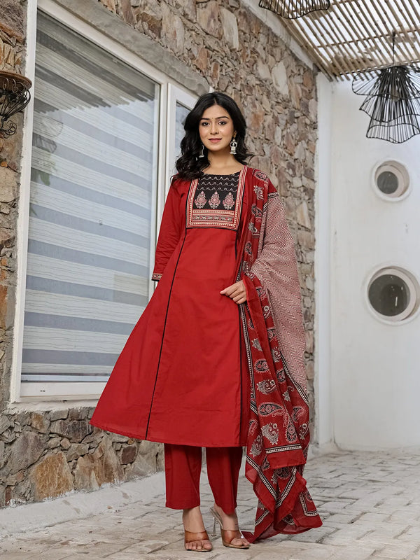 Yufta Maroon Cotton A Line Kurta Dupatta Set