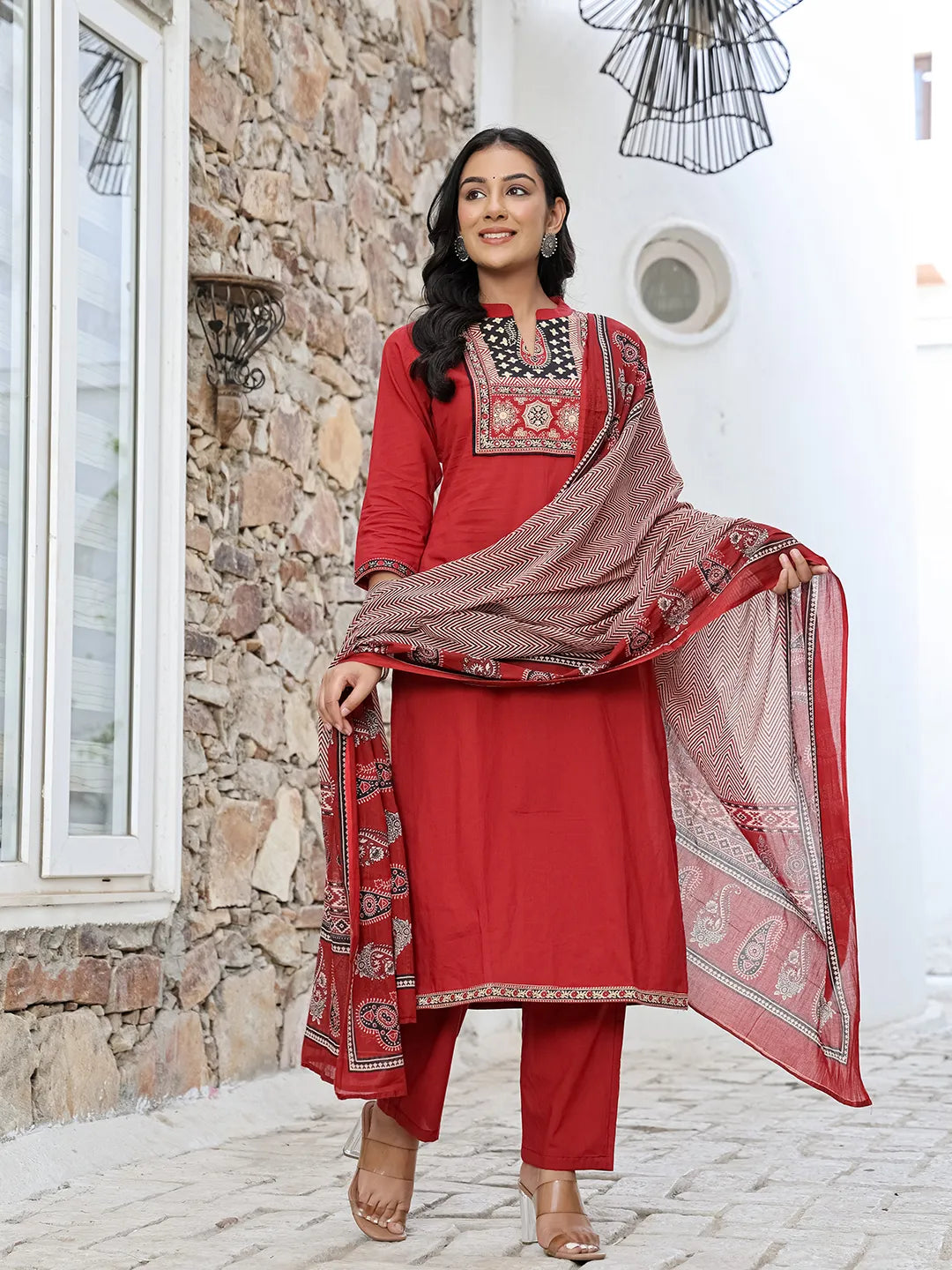 Yufta Maroon Cotton Mandarin Collar Kurta Dupatta Set - Distacart