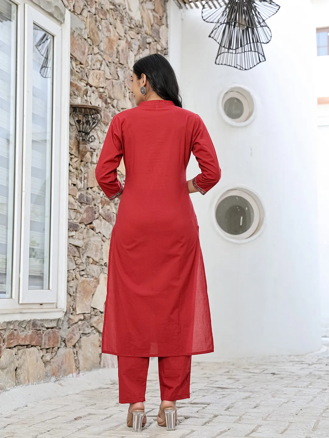 Yufta Maroon Cotton Mandarin Collar Kurta Dupatta Set